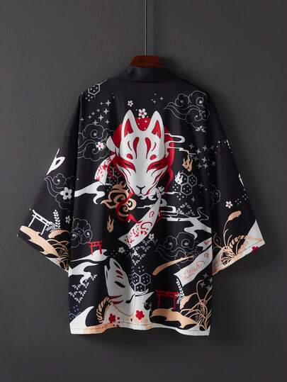 Japanese Style Vintage Loose 3/4 Sleeve Printed Kimono Cover Up, Summer Beach Vacation Swimwear Cover-Up, Lightweight Outerwear