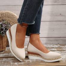 5cm Wedge Heel Solid Color Vacation Boho Woven Fabric Casual Slip-On Shoes, Suitable For Office, Outdoor, All Seasons - Beige - View 13