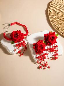 1 件花朵项链 + 1 对花朵耳环首饰套装，简约时尚花朵吊坠天鹅绒项链和耳环套装，适合婚礼、派对、礼物 - 彩色 - 查看 6