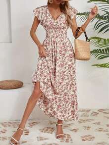 Printed Tie Waist A-Line Dress With Ruffle Hem, Vacation Style Short Sleeve Dress - Apricot - View 3