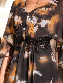 SUPGIR 女式 [随机剪裁] 优雅 V 领珠饰拼接雪纺长款斗篷袖修身舞会礼服晚礼服、派对礼服、正式礼服、婚礼宾客礼服 - 彩色 - 查看 4