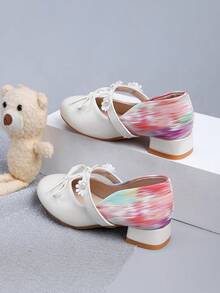 Zantong Children's High Heels, Pearl Bow Low Heel Thick Heel Ballet Latin Dance Shoes, Outdoor Party, Dance Party, Wedding Long Dress, Girl Princess Shoes, Fashionable Color-Blocking Daily High Heels, Suitable For (Children/Teenagers) - Red and White - View 3