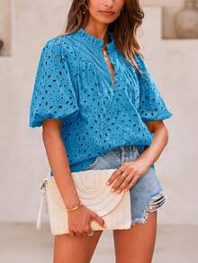 Women's Summer Top Fashion Casual Lantern Short Sleeve V-Neck Button Hollow-Out Lace Embroidery Shirt - Lake Blue - View 5