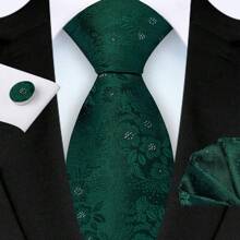 3 Piece Set: 8cm Floral & Patterned Necktie, Handkerchief, And Cufflinks Men's Necktie Set, High Quality Classic Business & Casual Tie Set, Men's Wedding Accessories, Family, Christmas, Party Gift