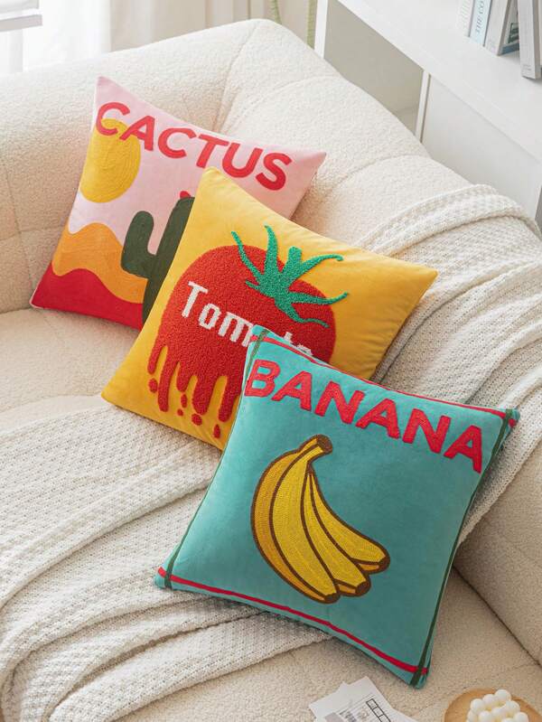 1 Pack Velvet Fruit Embroidery Throw Pillow Cover, Vivid Banana Pattern, Soft Polyester Fabric, Zipper Closure, Hand Wash Only, Perfect For Bedroom Or Living Room Decor Living Room Decor Colorful Sofa Accessories Woven Texture