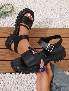 European & American Style Fashion Strap Roman Sandals With Wedge Platform - Black - View 5