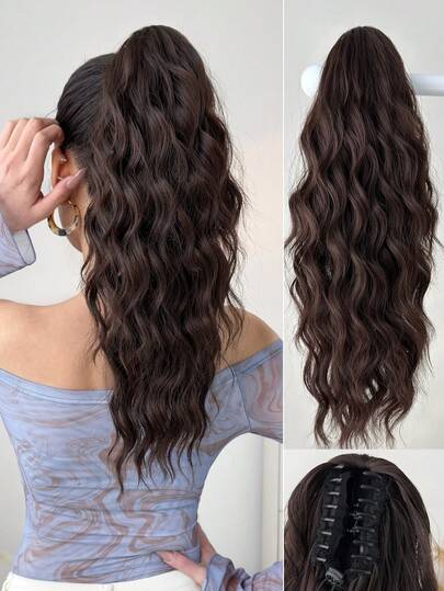 20 Inch Long Golden Wavy Curly Synthetic Hair Ponytail Extension, Heat Resistant Fiber, Suitable For Women And Girls Daily Wear, Brown