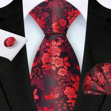 3 Piece Set: 8cm Floral & Patterned Necktie, Handkerchief, And Cufflinks Men's Necktie Set, High Quality Classic Business & Casual Tie Set, Men's Wedding Accessories, Family, Christmas, Party Gift