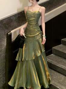 Vestido de fiesta de graduación con cintura estrecha perlada para mujer, con tirantes de espagueti, volantes, vestido de dama de honor para boda, vestido formal para fiesta y cóctel