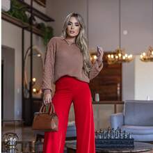 Blusa de Frio Feminina Tricô Inverno Ponto Crochê Pelota Manga Suéter de Lã Macia  Simples  Casual    Malhado - Marrom Claro - Visão 6