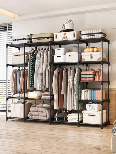 Tragbarer Kleiderschrank, freistehender Kleiderschrank Organizer in modernem und einfachem Stil, Kleiderständer mit Regalen, Kleiderstangen, Aufbewahrungsorganizer, für Garderobe, Schlafzimmer, Schwarz. Es sind verschiedene Größen zur Auswahl verfügbar, darunter 60 cm, 150 cm, 102 cm und 202 cm.