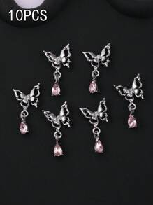10 pezzi di decorazioni a forma di farfalla 3D, pendenti a goccia d'acqua, accessori per unghie, gioielli in lega 3D di colore argento e rosa, adatti per decorazione fai-da-te delle unghie