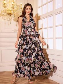 UNITHORSE Digital Watercolor Printing V-Neck Halter Backless Chiffon Floral Dress, Random Cut Flower Pattern, Elegant And Airy With Layers Of Ruffles Prom Semi Formal Wedding Dress, For Birthday, Graduation Dress, Homecoming Party Dress, Bride Dress, Birthday Women Outfits, Formal Dress, School Clothes - Black - View 6