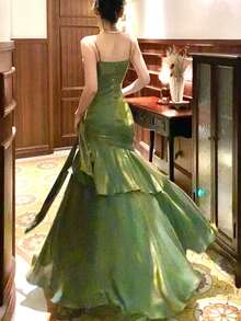 闪亮荷叶边下摆派对连衣裙，优雅珠光吊带演唱会礼服，时尚婚礼伴娘正式生日返校礼服，夏秋季