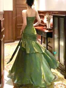 Vestido de fiesta de graduación con cintura estrecha perlada para mujer, con tirantes de espagueti, volantes, vestido de dama de honor para boda, vestido formal para fiesta y cóctel