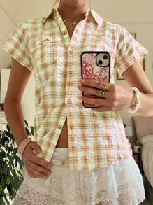 Women's Button Down Shirt Casual Contrast Color Plaid Lapel V Neck Short Sleeve Tops For Summer