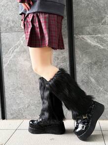 1 Pair Black Solid Color Fuzzy Faux Fur Leg Warmers, Y2K Style, All Seasons