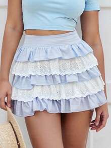 Women's Plaid Print Mini Skirts High Waist Lace Patchwork A-Line Skirts Layered Ruffle Skirts - Biru - View 3