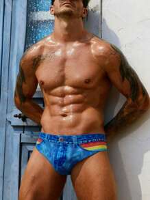 Men's Triangle Swimming Trunks With Denim Print Pattern, Ideal For Beach, Swimming, Surfing And Vacation