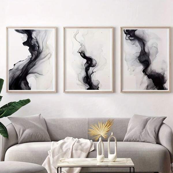 Conjunto de 3 peças de arte de parede em tela abstrata, moderna e minimalista, em preto e branco - pôsteres sem moldura para decoração de sala de estar, presente perfeito para pais, perfeito para decoração de quarto