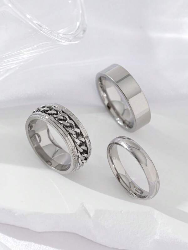 3pcs Fashionable Simple Charm Stainless Steel Chain Shaped Ring For Men, Woman,Couples, Daily Wear And Parties For Father Mother Dad Husband Boyfriend Father's Day Birthday Gift Festivals Jewelry Stackable Ring Statement Band