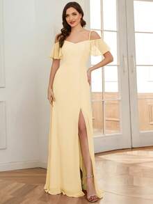 EVERPRETTY Elegantes Off-Shoulder Chiffon-Brautjungfernkleid in cremig-gelb, geeignet für Abschlussfeiern, Hochzeiten - Gelb - Übersicht 3