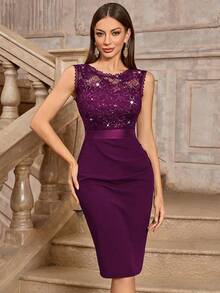 MIUSOL Classic Sequin Floral Lace Round Neck Sleeveless Cocktail Party Fitted Dress - 紫紅色 - 查看 5