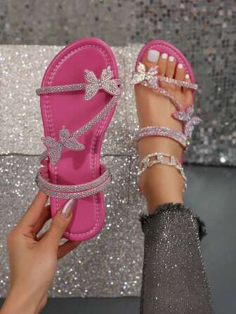 Colorful Rhinestone Bowknot, Often Paired With Women's Summer And Autumn Outdoor Slippers, French Fashionable Silver Slippers Suitable For Dates, Parties, Parties, Families, And Casual Daily Wear