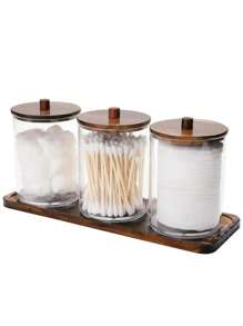 3 Pieces Clean Swab Rack With Tray, Designed Specifically For Organizing And Storing Bathroom Items. These Transparent Plastic Jars With Wooden Lids Are Perfect For Storing Balls, Clean Swabs, And Dental Floss. Bathroom Accessories Bathroom Organizer Back To School Storage