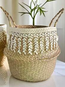 1 pieza Cesta de plantador de paja de mar tejida a mano - Maceta plegable para interiores/exteriores, decoración del hogar bohemia. Cesta de plantador de paja de mar, Cesta de paja de mar con flecos, Cesta de planta plegable, Plantador de paja de mar