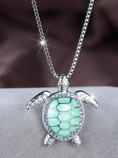 Tsnamer 1pc Vintage Cute Turtle Pendant Necklace With Green Enamel And Zirconia Decoration For Women Girls Fashion Copper Ocean Beach Jewelry For Birthdays, Anniversaries And Party Gifts
