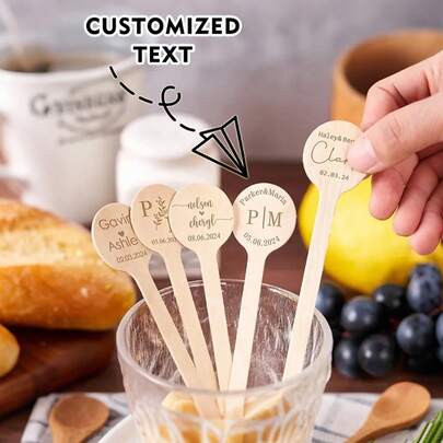 Personalized Wooden Stirrers, Customizable With Names And Dates, Ideal For Wedding Tableware, Holiday Parties, Coffee Shops, And Gifts - Wooden Coffee Stirrers For Everyday Use, Personalized Wooden Stirrers For Wedding Tableware, And Wedding Beverage Stirrers.
