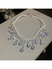 A Double Zirconia Pearl Necklace Simple Elegant Necklace - White - View 5