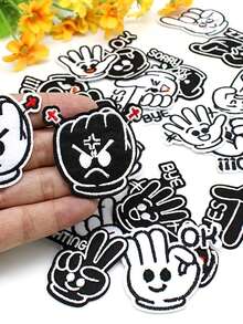 12/24pcs Cute Black & White Hand Gesture Iron-On Patches DIY Clothes Backpack Decoration Applique Embroidered Badges - Multicolor - View 2