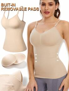 Women Tummy Control Shapewear Tops With Built In Bra Cami Vest Compression Camisole Tank Top Padded Body Shaper Slimming Underwear ,Spaghetti Strap V-Neck Camisole Cami Long Enough For Tall Women - 米色 - 查看 4