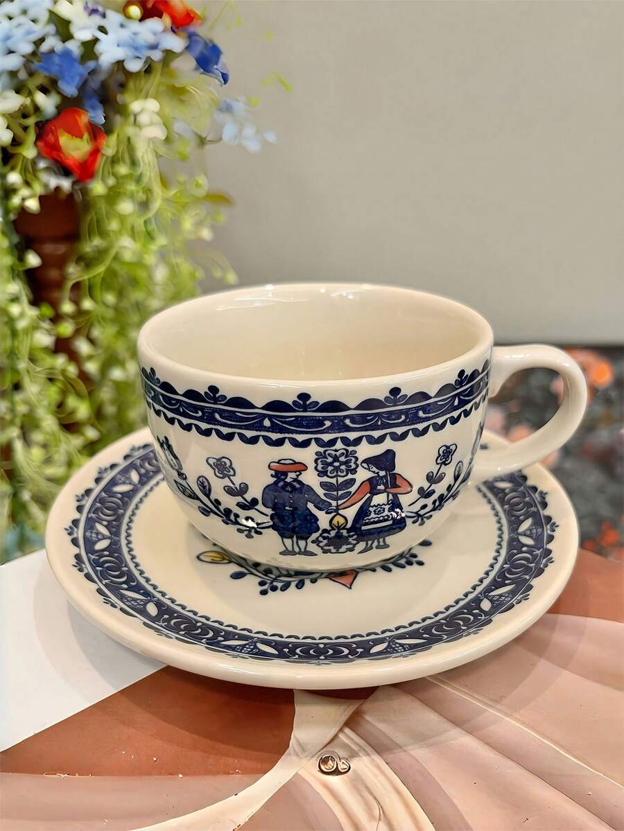 1 套陶瓷咖啡杯碟，创意复古陶瓷杯盘，法式下午茶杯，甜点盘，家用餐桌餐盘，蛋糕盘，牛排和意大利面盘