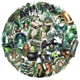 50 piezas Pegatinas transparentes de bruja verde estilo estético retro - Suministros para manualidades y decoración de fiesta de brujas