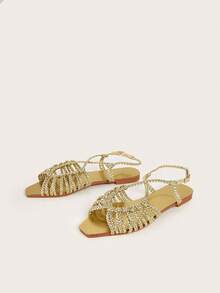 Women's Handwoven Gold Woven Strap Flat Sandals With Fashion Woven Pattern - Gold - View 2