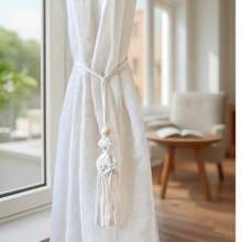 2 Pieces Of Handmade Crochet Macrame Boho Curtain Tiebacks, Wood Bead Curtain Tie Backs, Window Magnetic Woven Accessories Curtain Holdbacks For Wall , Hand- Woven Home Decorative Tassels Curtain Ties Rope, Curtain Tie Backs For Bohomian Decor Bedroom Decor Nursery
