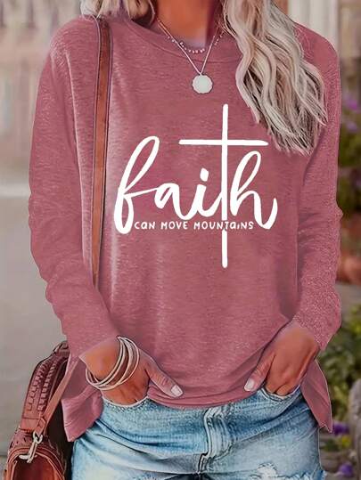 Faith Print Crew Neck T-Shirt, Casual Long Sleeve Top, Women