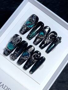 10 Móng Tay Giả Thủ Công Nguyên Chất, Móng Tay Dán, Móng Tay Giả Mùa Hè, Đầu Móng Tay Giả Thủ Công, Móng Tay Giả Ngắn Mùa Xuân, Hình Hạnh Nhân, Vẽ Tay Màu Xanh Lá Cây Mắt Mèo, Rồng Ba Chiều 3D, Nghệ Thuật Cá Nhân Hóa Màu Tối, Móng Tay Giả Thủ Công. - Nhiều màu - Xem 3