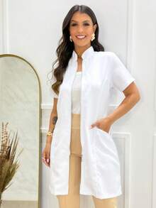 Women's Gabardine Lab Coat Short Sleeve With Silver Zipper Beautician Clinic Laboratory - 白色 - 查看 5