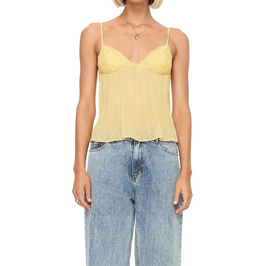Women's Pleated Camisole Mini Bowknot Front Spaghetti Strap V-Neck Lace Cropped Tops - 黃色 - 查看 1