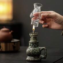 1pc Ceramic Kiln-Fired Glaze Oil Lamp With Handle And Shade, Adjustable Wick Camping Oil Lamp, Indoor Ceramic Oil Lamp Candlestick, Oil Lamp/Hurricane Lamp With Fire Control Knob, Suitable For Christmas, Easter, Ramadan, Valentine's Day, Gifts