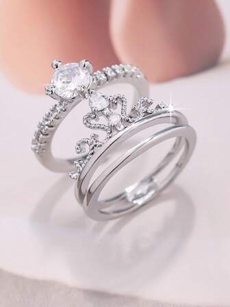 2 حلقة تاج أنيق مطعم بزركونيا بيضاء، مناسبة للارتداء اليومي للنساء، هدية مجوهرات لحفلة عيد الميلاد