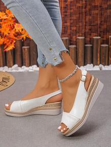 Sandalias de cuña de plataforma gruesa para mujer, nuevas para el verano, con correa de hebilla de patchwork blanco, de moda y versátiles, de tacón alto con punta abierta, estilo de vacaciones para uso casual en exteriores y playa, con efecto elevador - Blanco - Ver 5