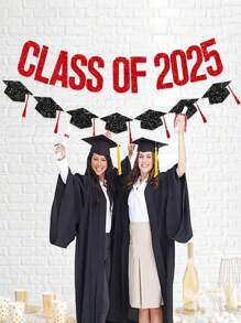 1 Set Glitter Pink & Black 2025 Graduation Congratulations Banner, Paired With Graduation Cap Hanging Flag Decorations, Suitable For Graduation Ceremony And Party Decoration