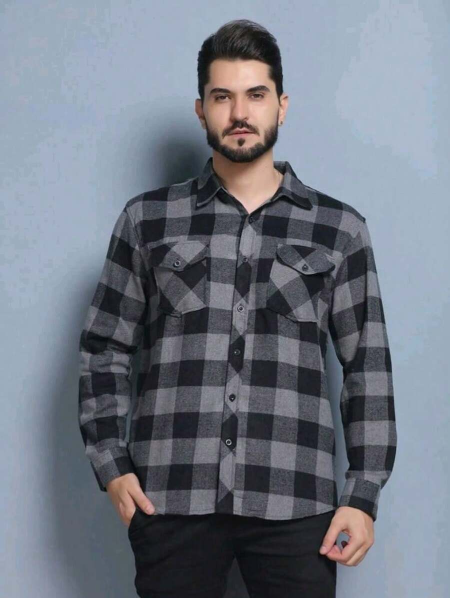 MEN'S CHECKED FLANNEL LONG SLEEVE SHIRTS TAKE ADVANTAGE - Dark Grey - View 1