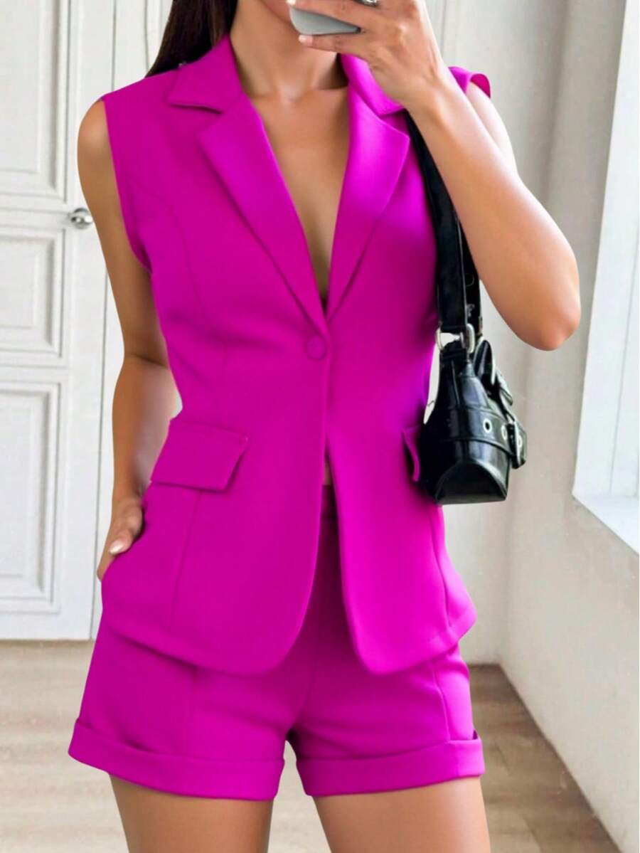 Beira Fashion Women's Set Sleeveless Vest And Shorts With Pocket Simple Plain Tailoring - 紫色 - 查看 1