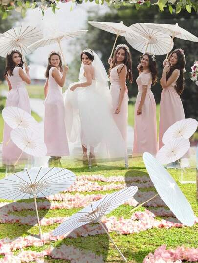 5pcs & 1pc Wedding Paper Umbrella, DIY Painting Umbrella, White Sun Umbrella, Retro Chinese Round Oil Paper Umbrella, Suitable For Cosplay, Crafts Decor, Wedding Arch Decor, Bridal Party Photo Props